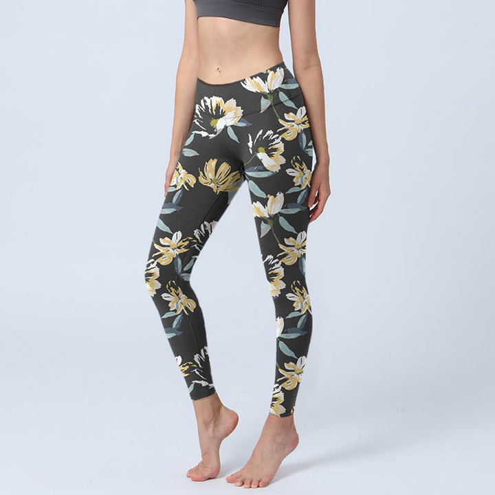 Buddha Stones Gelb Weiß Blumenmuster Druck Gym Leggings Damen Yoga Hose - Schwarz - US18, UK/AU22, EU50 (4XL) - image 0