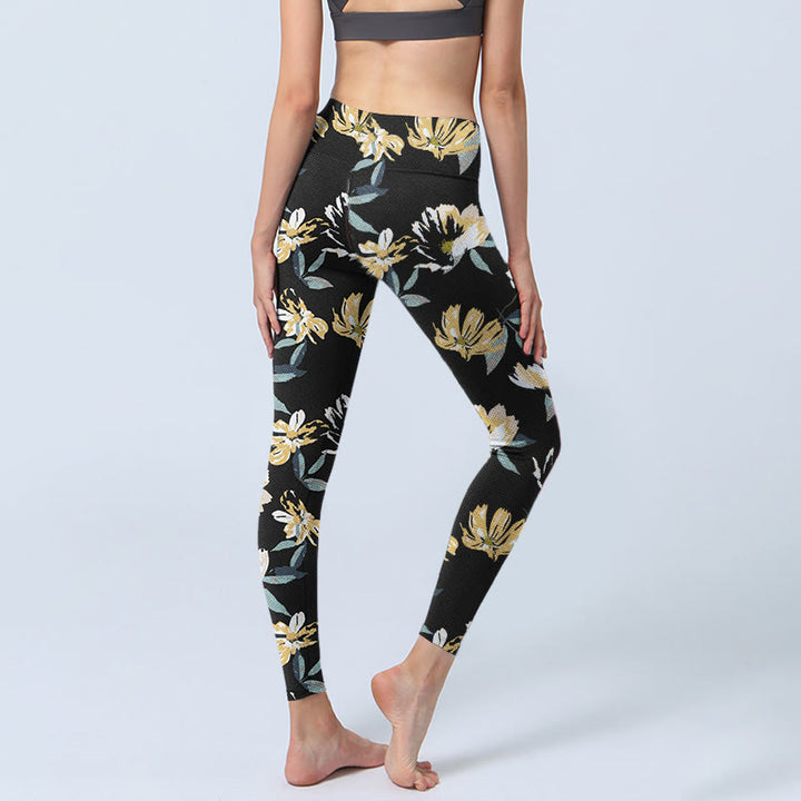 Buddha Stones Gelb Weiß Blumenmuster Druck Gym Leggings Damen Yoga Hose - image 4