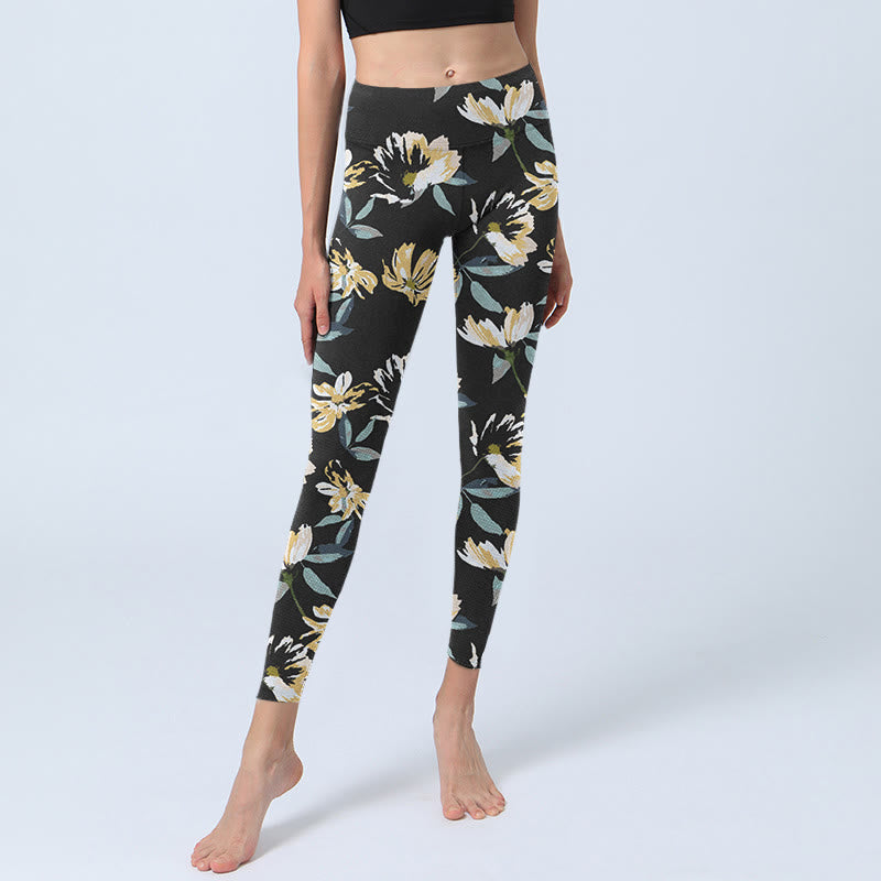 Buddha Stones Gelb Weiß Blumenmuster Druck Gym Leggings Damen Yoga Hose - image 6