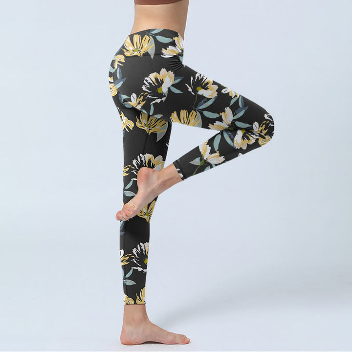 Buddha Stones Gelb Weiß Blumenmuster Druck Gym Leggings Damen Yoga Hose - image 5