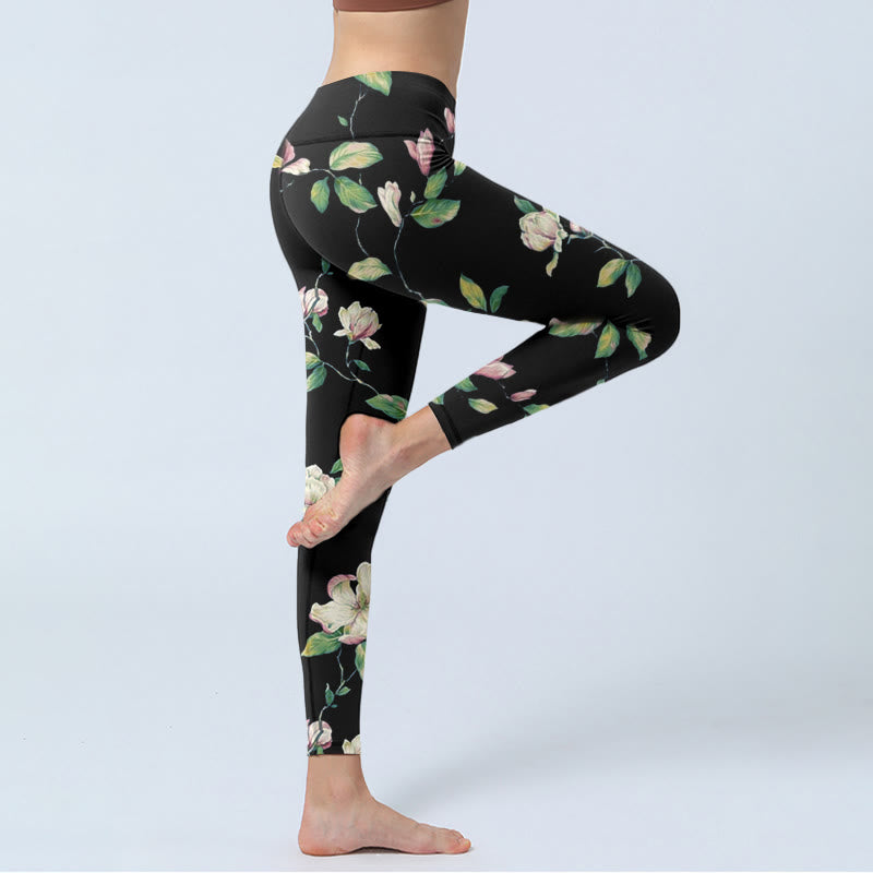Buddha Stones Magnolien-Blumenmuster-Druck-Gym-Leggings für Damen, Yoga-Hose - image 4