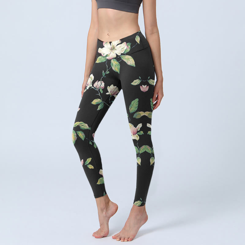 Buddha Stones Magnolien-Blumenmuster-Druck-Gym-Leggings für Damen, Yoga-Hose - Schwarz - US18, UK/AU22, EU50 (4XL) - image 0