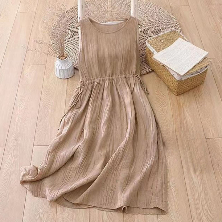 Buddha Stones Lässiges, schlichtes, handgefertigtes Midikleid mit Kordelzug in der Taille, ärmelloses Kleid aus Acryl mit Taschen