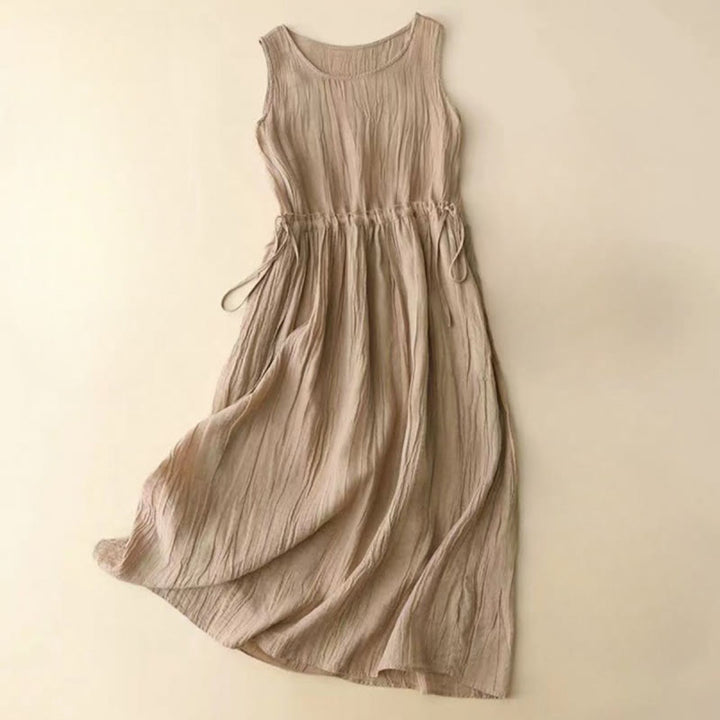 Buddha Stones Lässiges, schlichtes, handgefertigtes Midikleid mit Kordelzug in der Taille, ärmelloses Kleid aus Acryl mit Taschen