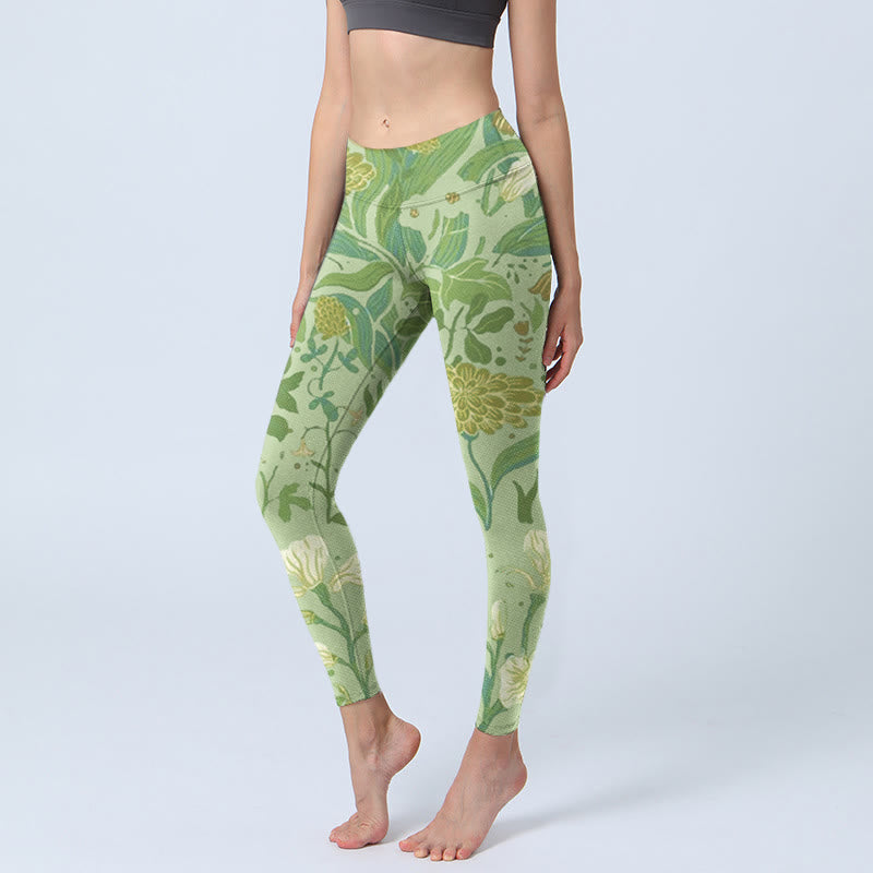 Buddha Stones Verschiedene Blumenblätter Musterdruck Gym Leggings Damen Yogahose - Blassgrün - US18， UK/AU22，EU50 (4XL) - image 1