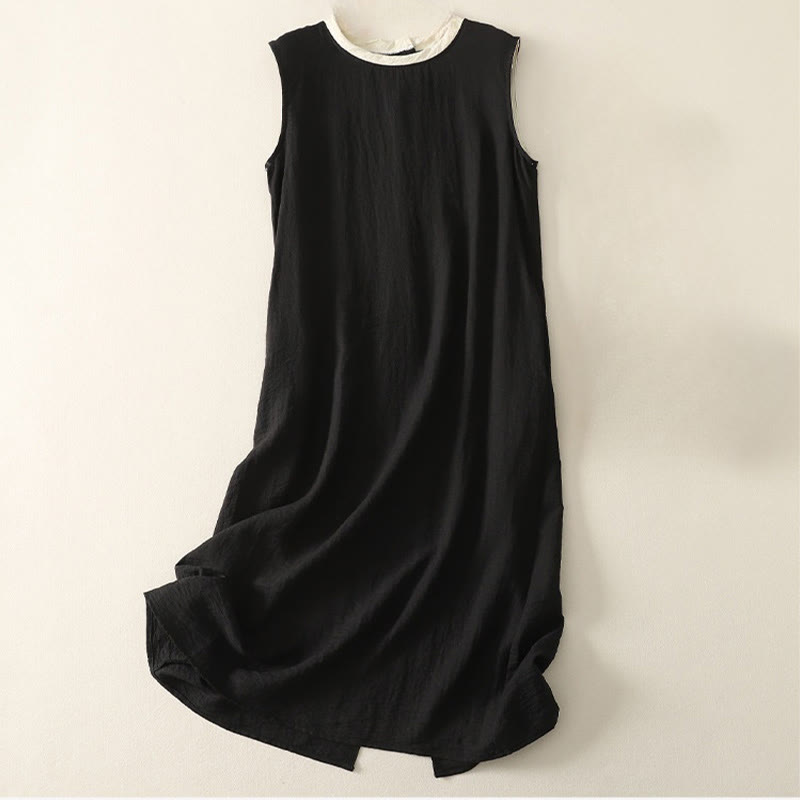 Buddha Stones Lässiges, farblich abgestimmtes, handgefertigtes Midikleid mit Knopfdesign aus Polyester, ärmelloses Kleid mit Taschen - Schwarz - US8-10， UK/AU12-14，EU40-42 (2XL) - image 0