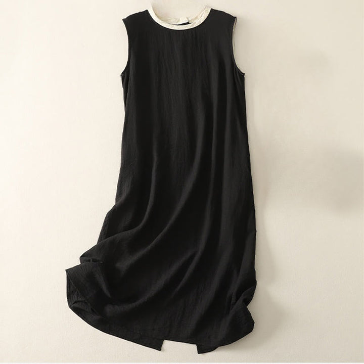 Buddha Stones Lässiges, farblich abgestimmtes, handgefertigtes Midikleid mit Knopfdesign aus Polyester, ärmelloses Kleid mit Taschen - Schwarz - US8-10， UK/AU12-14，EU40-42 (2XL) - image 0