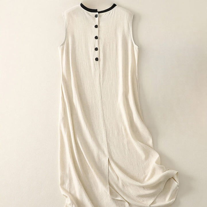 Buddha Stones Lässiges, farblich abgestimmtes, handgefertigtes Midikleid mit Knopfdesign aus Polyester, ärmelloses Kleid mit Taschen - image 6