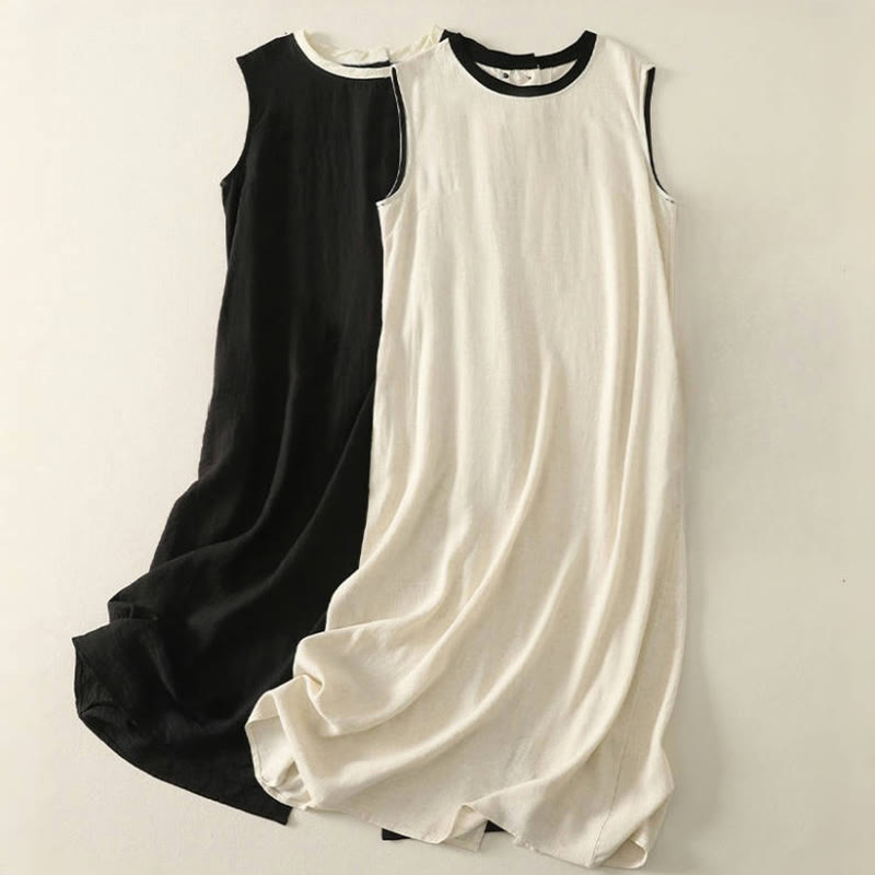 Buddha Stones Lässiges, farblich abgestimmtes, handgefertigtes Midikleid mit Knopfdesign aus Polyester, ärmelloses Kleid mit Taschen - image 15