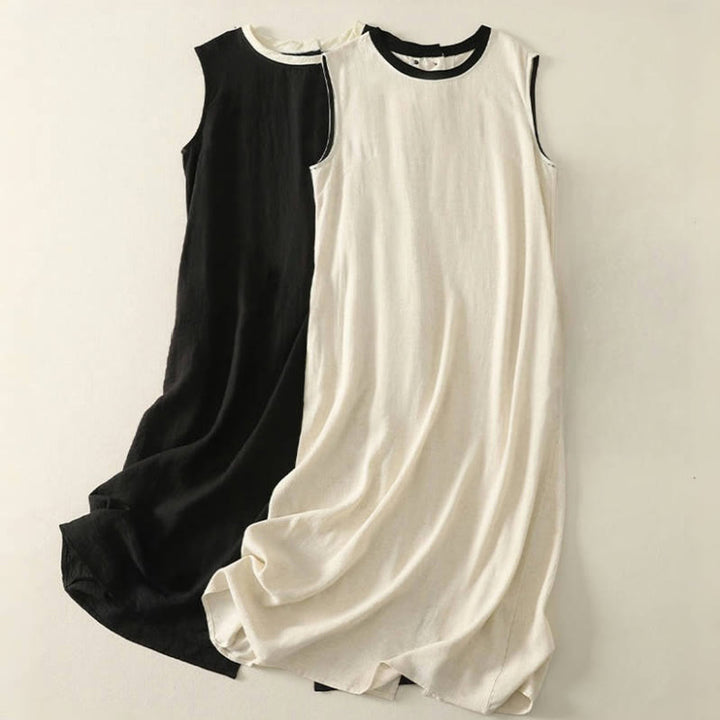 Buddha Stones Lässiges, farblich abgestimmtes, handgefertigtes Midikleid mit Knopfdesign aus Polyester, ärmelloses Kleid mit Taschen - image 15