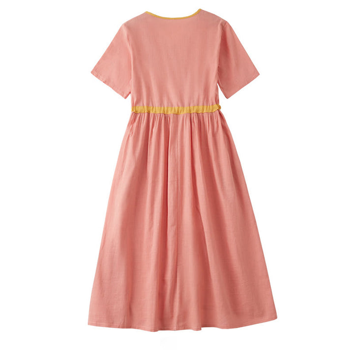 Buddha Stones Sommer Casual Stitching Color Schnürdesign V-Ausschnitt Kurzarm Midikleid - image 1