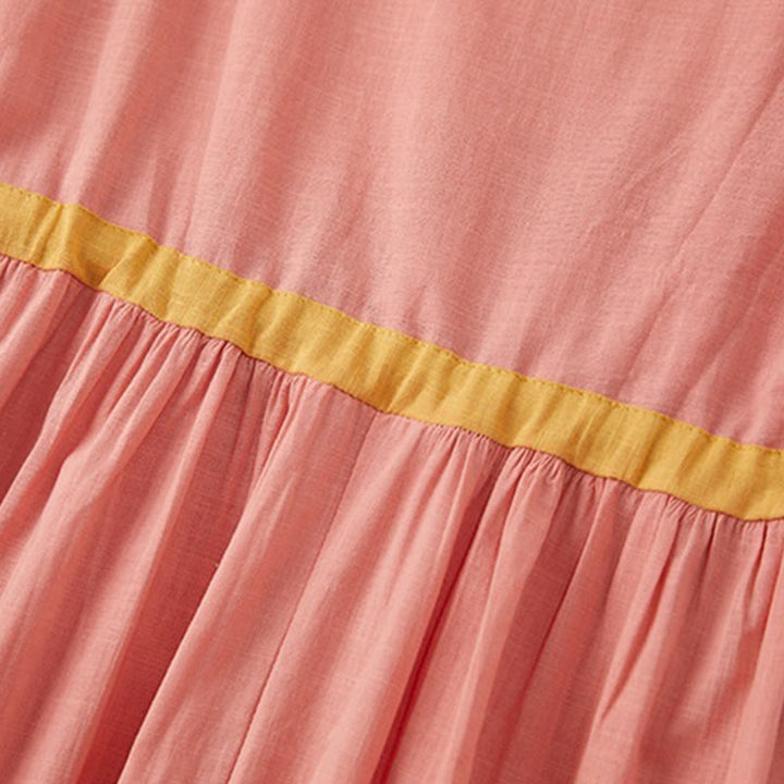 Buddha Stones Sommer Casual Stitching Color Schnürdesign V-Ausschnitt Kurzarm Midikleid - image 8