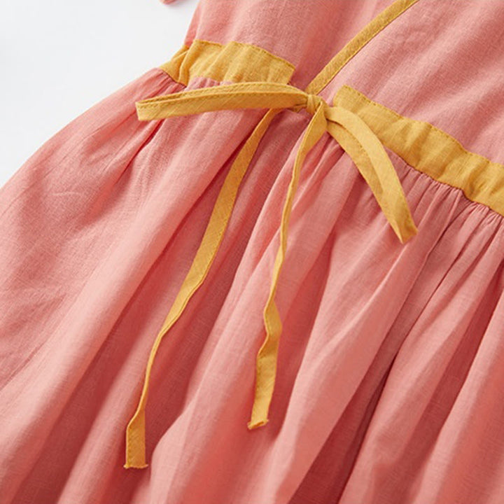 Buddha Stones Sommer Casual Stitching Color Schnürdesign V-Ausschnitt Kurzarm Midikleid - image 4