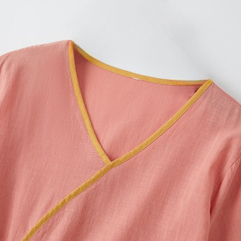 Buddha Stones Sommer Casual Stitching Color Schnürdesign V-Ausschnitt Kurzarm Midikleid - image 2