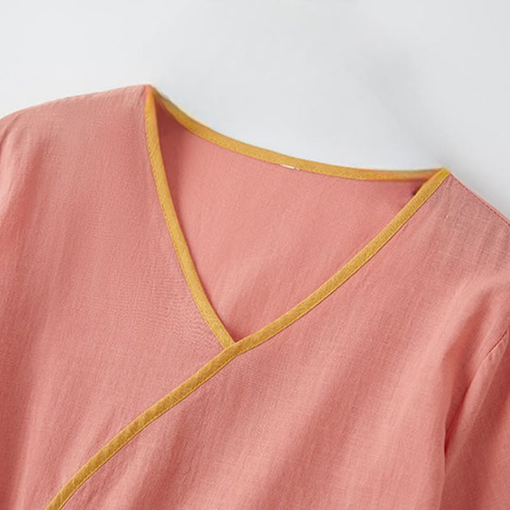 Buddha Stones Sommer Casual Stitching Color Schnürdesign V-Ausschnitt Kurzarm Midikleid - image 2