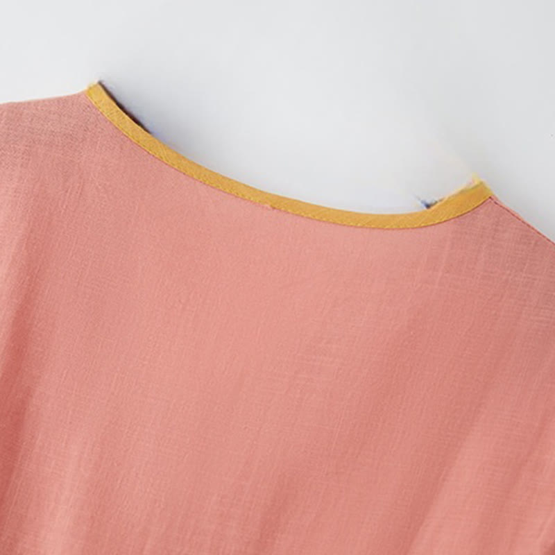 Buddha Stones Sommer Casual Stitching Color Schnürdesign V-Ausschnitt Kurzarm Midikleid - image 3