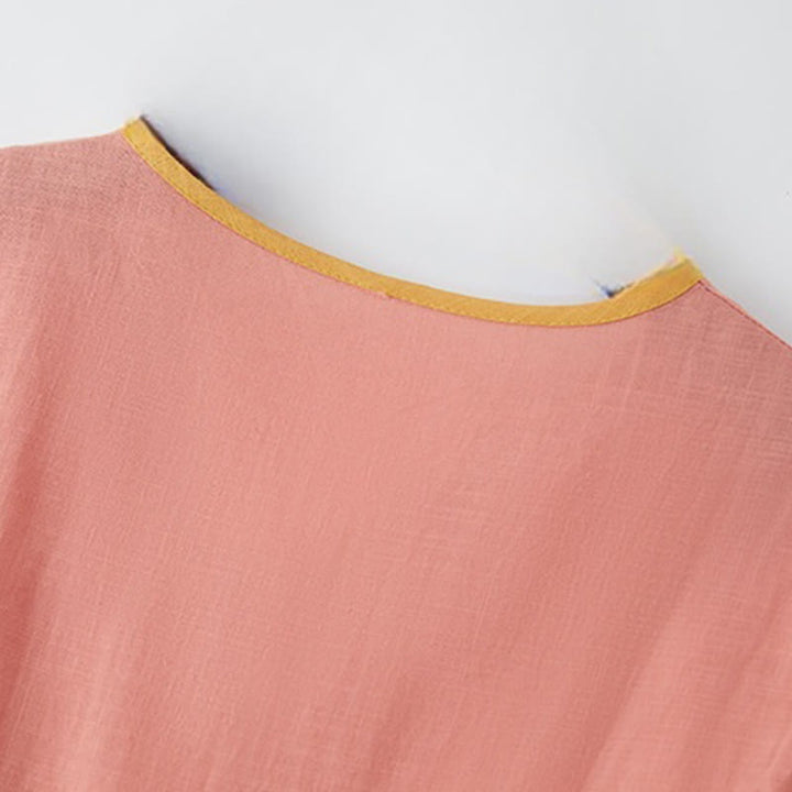 Buddha Stones Sommer Casual Stitching Color Schnürdesign V-Ausschnitt Kurzarm Midikleid - image 3