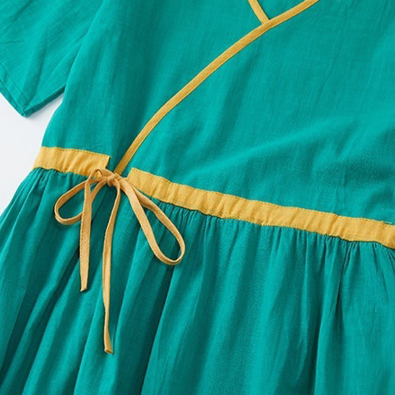 Buddha Stones Sommer Casual Stitching Color Schnürdesign V-Ausschnitt Kurzarm Midikleid - image 11