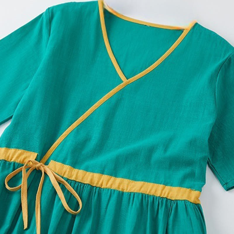 Buddha Stones Sommer Casual Stitching Color Schnürdesign V-Ausschnitt Kurzarm Midikleid - image 10