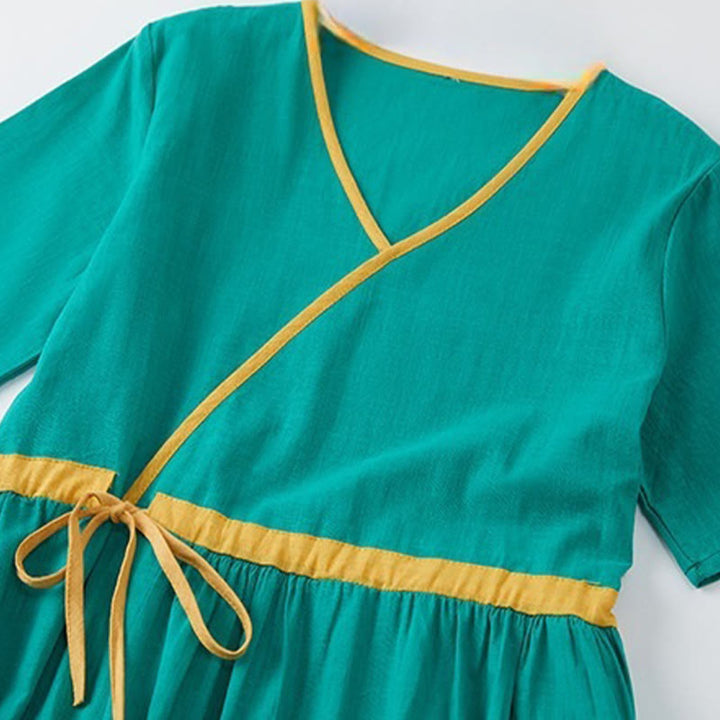 Buddha Stones Sommer Casual Stitching Color Schnürdesign V-Ausschnitt Kurzarm Midikleid - image 10