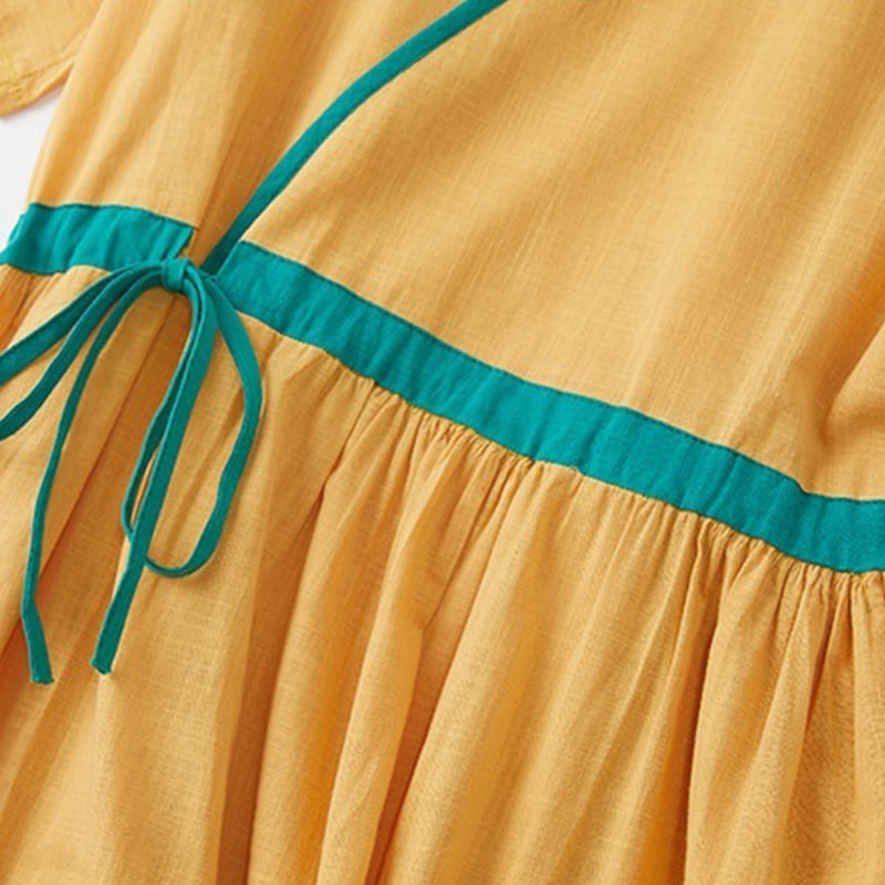 Buddha Stones Sommer Casual Stitching Color Schnürdesign V-Ausschnitt Kurzarm Midikleid - image 14