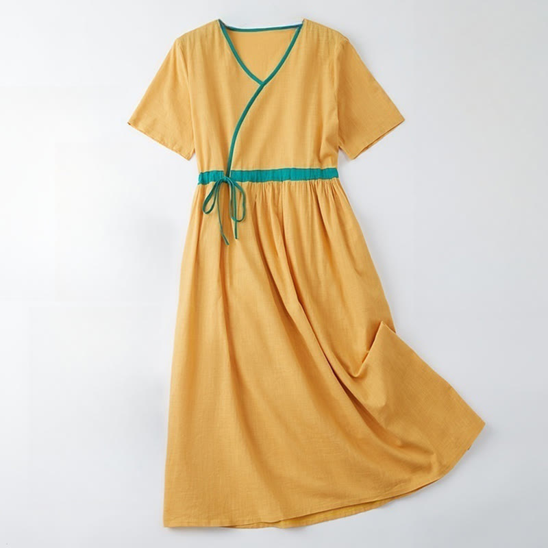 Buddha Stones Sommer Casual Stitching Color Schnürdesign V-Ausschnitt Kurzarm Midikleid - Goldrute - US8-10， UK/AU12-14，EU40-42 (2XL) - image 12