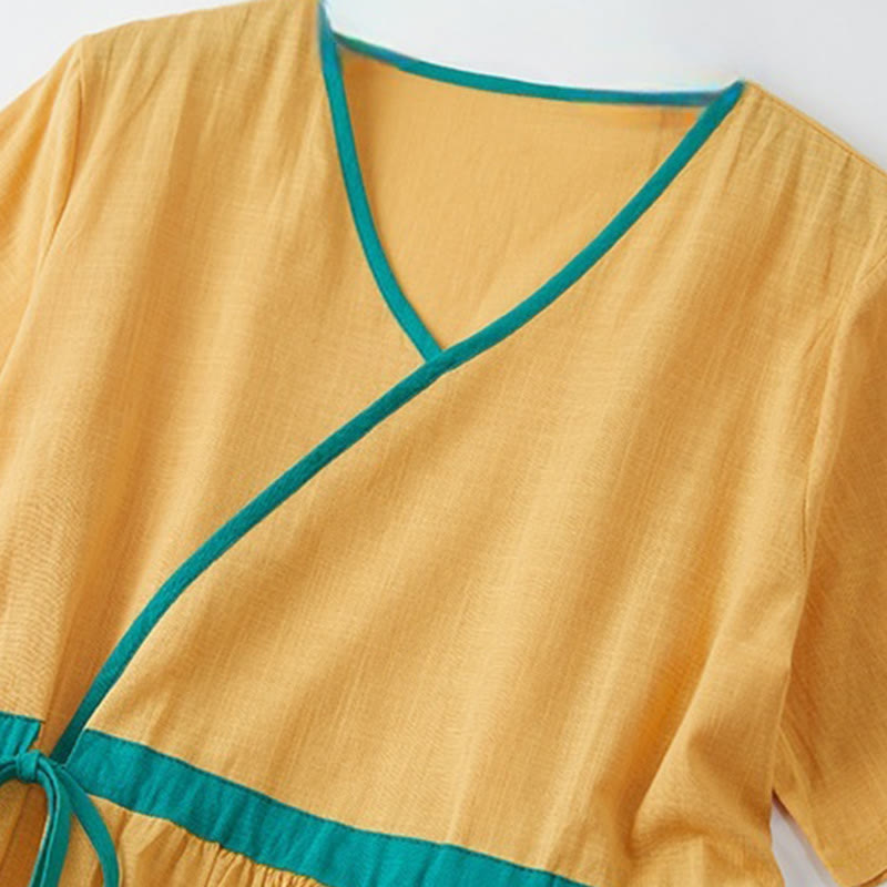 Buddha Stones Sommer Casual Stitching Color Schnürdesign V-Ausschnitt Kurzarm Midikleid - image 13