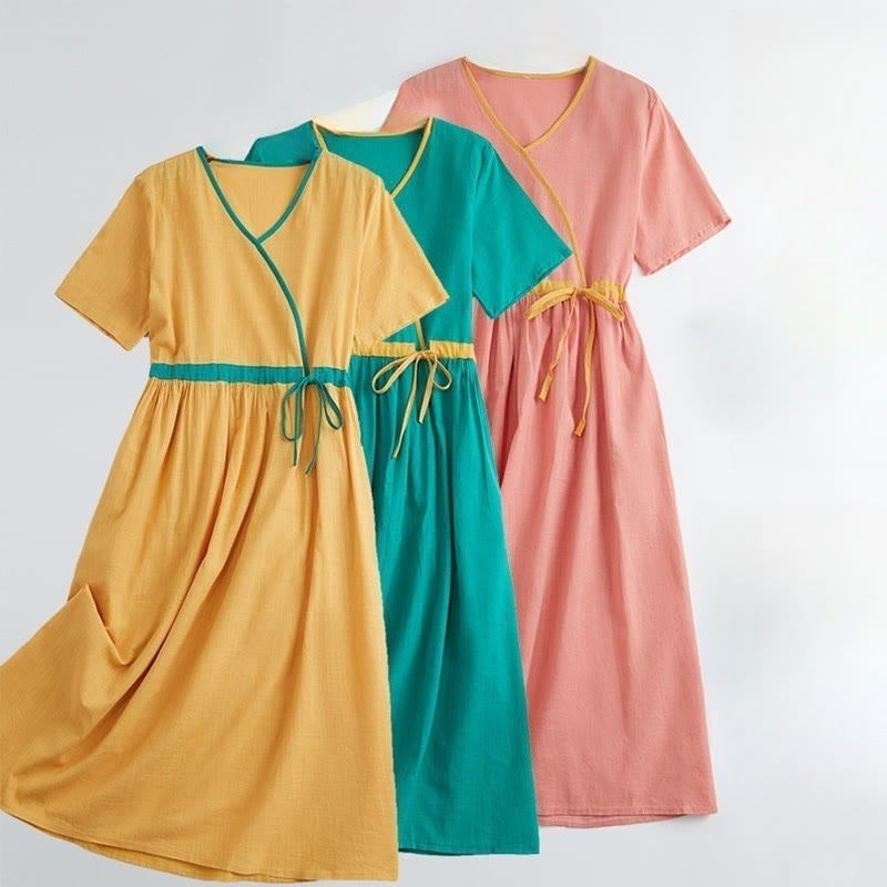 Buddha Stones Sommer Casual Stitching Color Schnürdesign V-Ausschnitt Kurzarm Midikleid - image 15