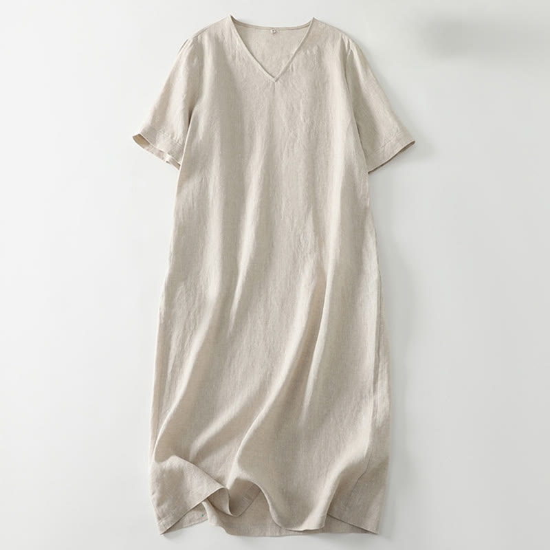 Buddha Stones Sommer-Midikleid aus Baumwolle und Leinen mit V-Ausschnitt und kurzen Ärmeln und Taschen - Beige - US 8-10, UK/AU 12-14, EU 40-42 (2XL) - image 0