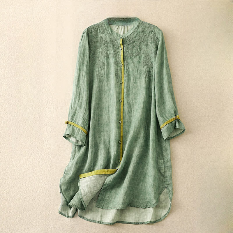 Buddha Stones Sommer-Midikleid aus Acryl mit Stickerei und Stehkragen, Dreiviertelärmeln - MittelMeergrün - US8-10， UK/AU12-14，EU40-42 (2XL) - image 0