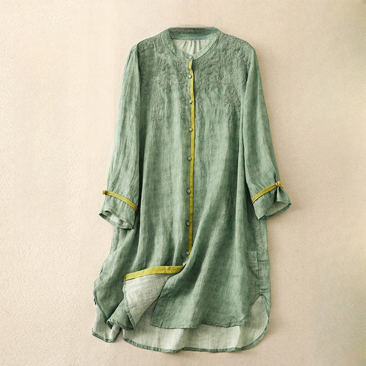 Buddha Stones Sommer-Midikleid aus Acryl mit Stickerei und Stehkragen, Dreiviertelärmeln - MittelMeergrün - US8-10， UK/AU12-14，EU40-42 (2XL) - image 0