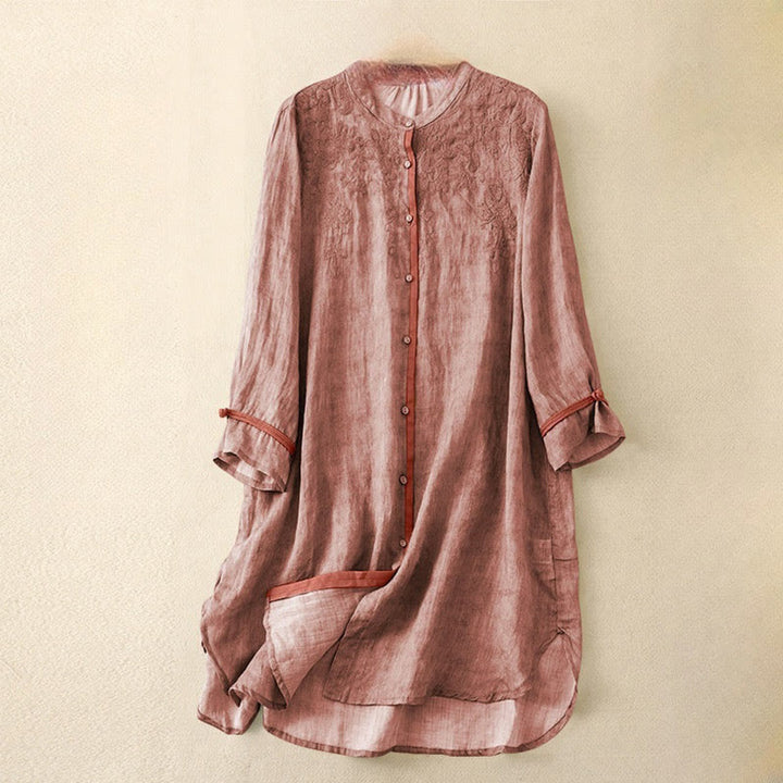Buddha Stones Sommer-Freizeitkleid mit Stehkragen, Stickerei und Dreiviertelärmeln - Hellkoralle - US 8-10, UK/AU 12-14, EU 40-42 (2XL) - image 6