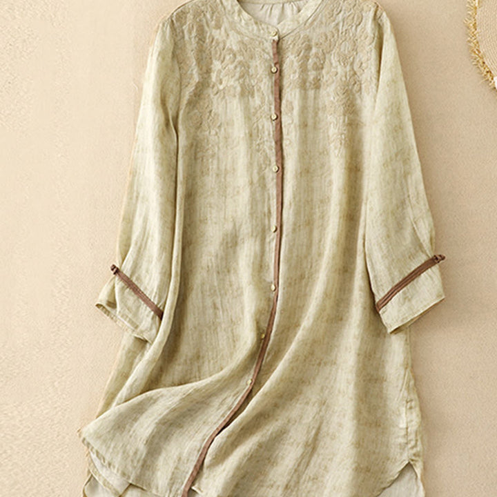 Buddha Stones Sommer-Midikleid aus Acryl mit Stickerei und Stehkragen, Dreiviertelärmeln - image 9