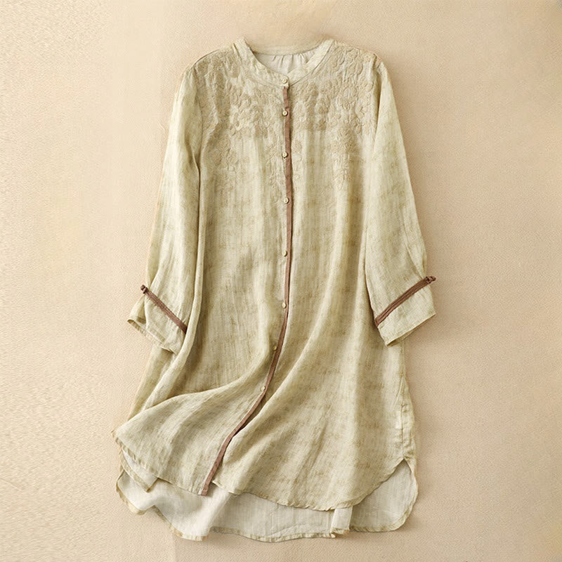 Buddha Stones Sommer-Midikleid aus Acryl mit Stickerei und Stehkragen, Dreiviertelärmeln - ZitroneChiffon - US8-10， UK/AU12-14，EU40-42 (2XL) - image 7