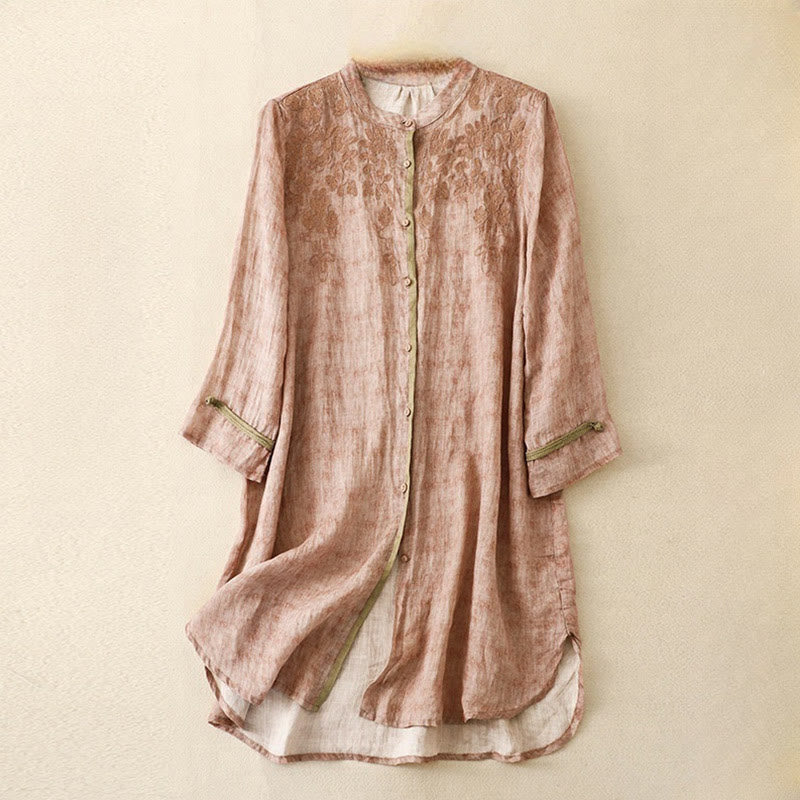 Buddha Stones Sommer-Freizeitkleid mit Stehkragen, Stickerei und Dreiviertelärmeln - Rosa - US 8-10, UK/AU 12-14, EU 40-42 (2XL) - image 18