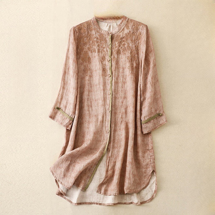 Buddha Stones Sommer-Freizeitkleid mit Stehkragen, Stickerei und Dreiviertelärmeln - Rosa - US 8-10, UK/AU 12-14, EU 40-42 (2XL) - image 18