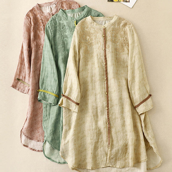 Buddha Stones Sommer-Midikleid aus Acryl mit Stickerei und Stehkragen, Dreiviertelärmeln - image 23