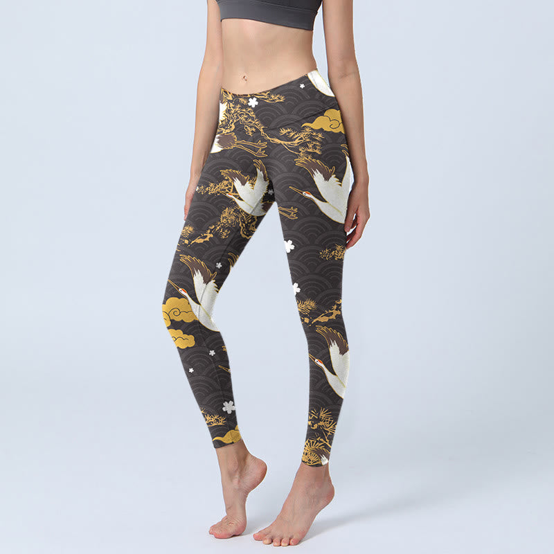 Buddha Stones, goldene, glückverheißende Wolke, Kiefernzweig, Kranich, Wellenmuster, Druck, Fitnessstudio-Leggings für Damen, Yogahose - Schwarz - US18, UK/AU22, EU50 (4XL) - image 0