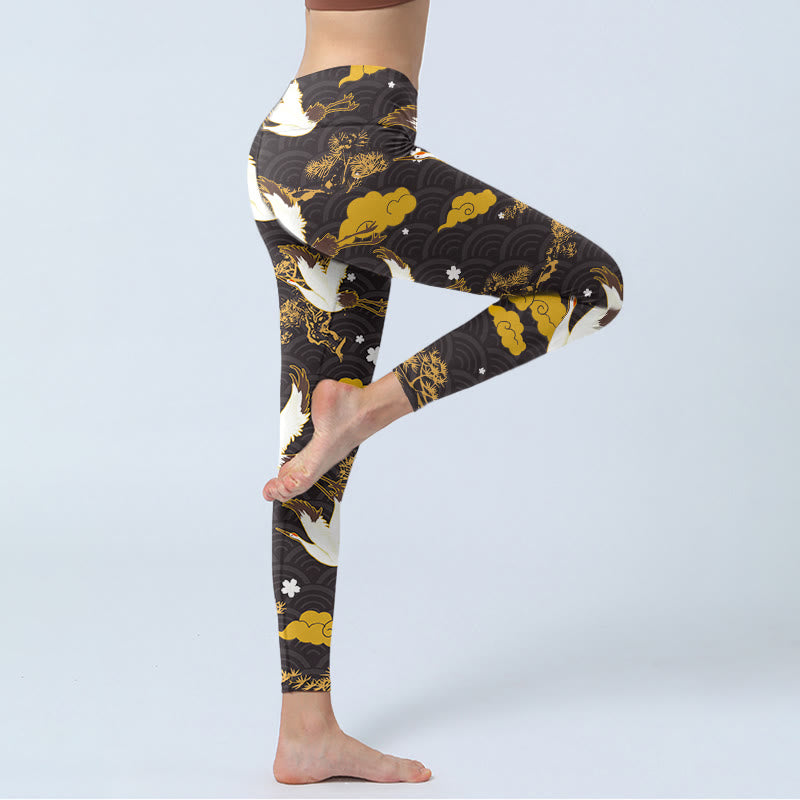 Buddha Stones, goldene, glückverheißende Wolke, Kiefernzweig, Kranich, Wellenmuster, Druck, Fitnessstudio-Leggings für Damen, Yogahose - image 5