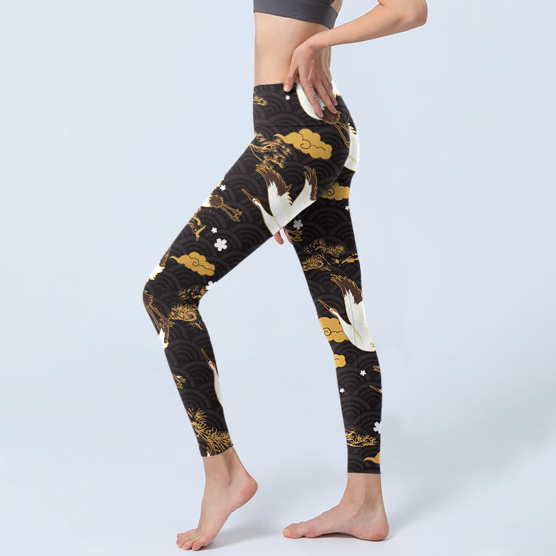 Buddha Stones, goldene, glückverheißende Wolke, Kiefernzweig, Kranich, Wellenmuster, Druck, Fitnessstudio-Leggings für Damen, Yogahose - image 3