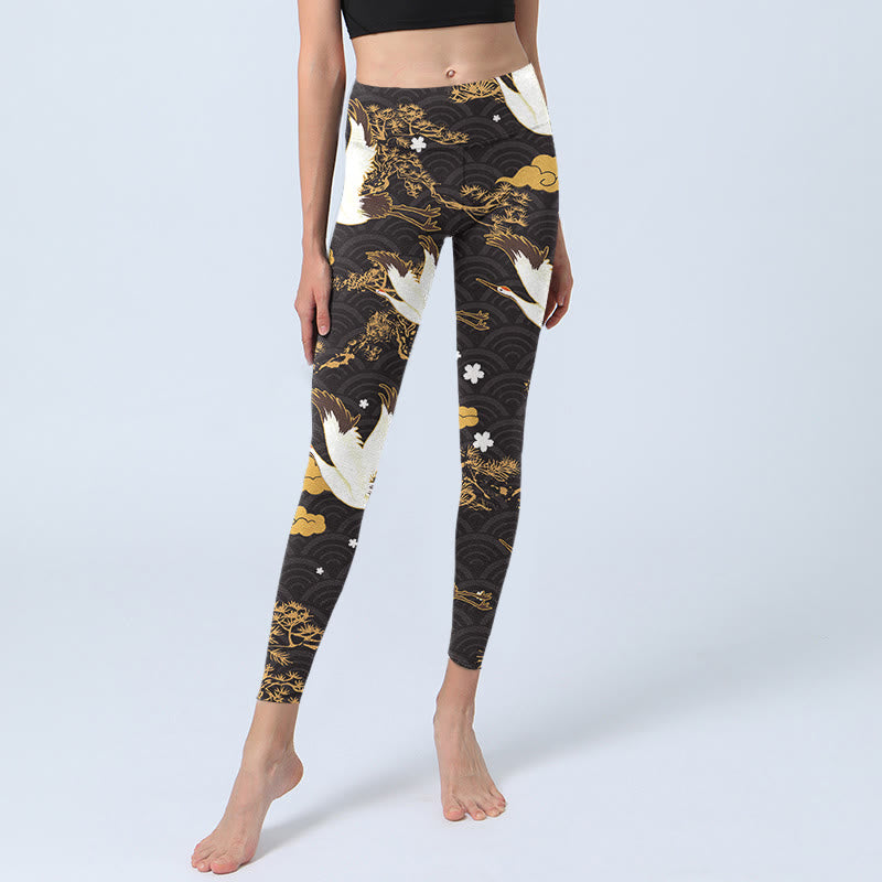 Buddha Stones, goldene, glückverheißende Wolke, Kiefernzweig, Kranich, Wellenmuster, Druck, Fitnessstudio-Leggings für Damen, Yogahose - image 5