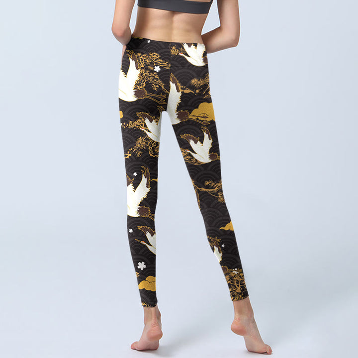 Buddha Stones, goldene, glückverheißende Wolke, Kiefernzweig, Kranich, Wellenmuster, Druck, Fitnessstudio-Leggings für Damen, Yogahose - image 6