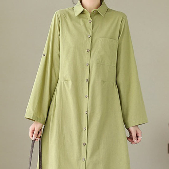 Buddha Stones Sommer-Casual-Einfarbige Knöpfe Stehkragen-Design Dreiviertelärmel Acryl Cardigan Midikleid mit Taschen