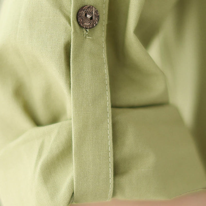 Buddha Stones Sommer-Casual-Einfarbige Knöpfe Stehkragen-Design Dreiviertelärmel Acryl Cardigan Midikleid mit Taschen