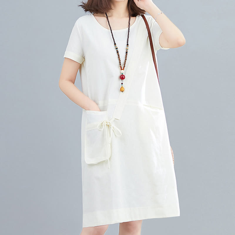 Buddha Stones Sommer-Midikleid aus Baumwolle und Leinen mit Taschen, leger, einfarbig, mit Schnürung, Rundhalsausschnitt, kurzärmlig - image 1