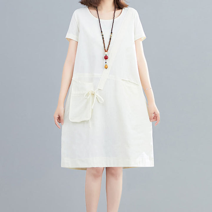Buddha Stones Sommer-Midikleid aus Baumwolle und Leinen mit Taschen, leger, einfarbig, mit Schnürung, Rundhalsausschnitt, kurzärmlig - image 2