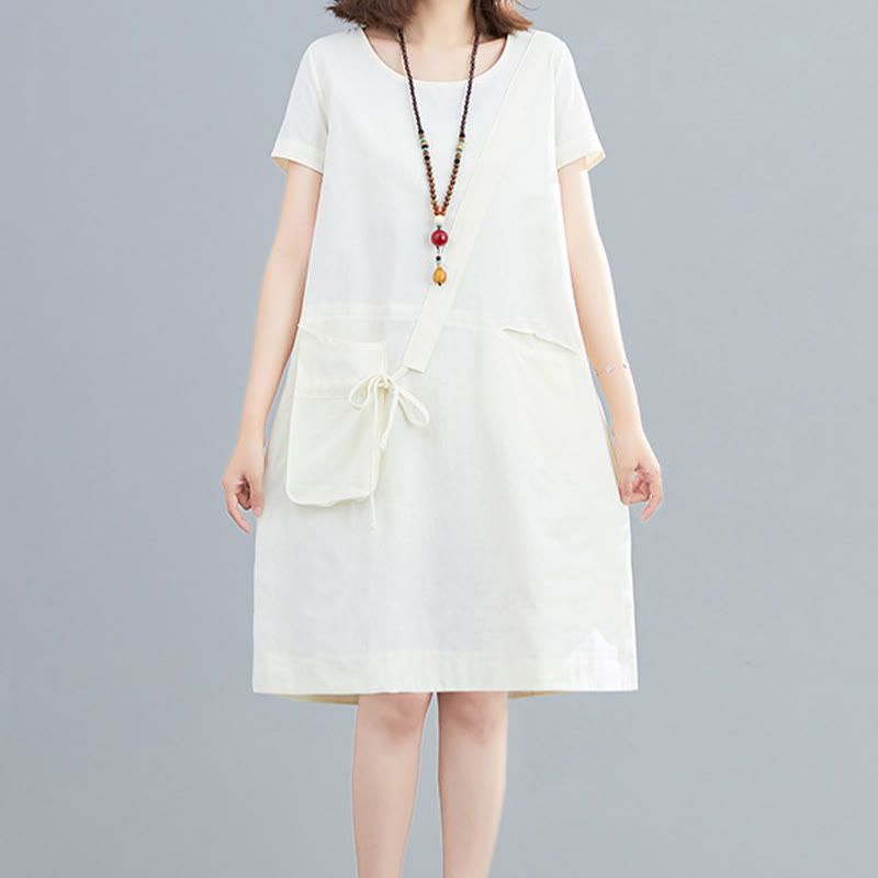 Buddha Stones Sommer-Midikleid aus Baumwolle und Leinen mit Taschen, leger, einfarbig, mit Schnürung, Rundhalsausschnitt, kurzärmlig - image 2