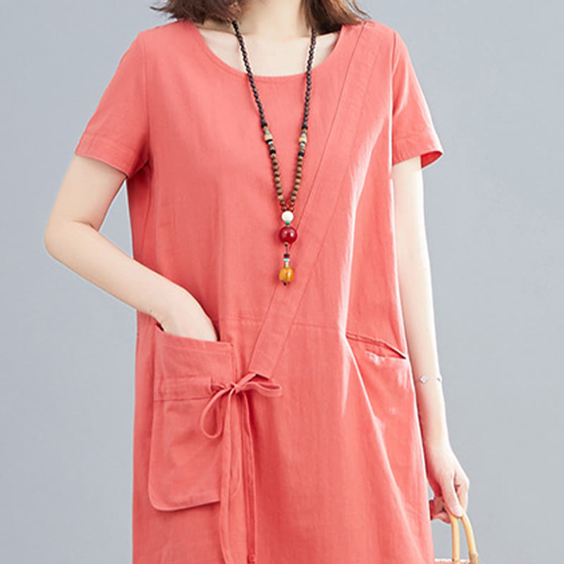 Buddha Stones Sommer-Midikleid aus Baumwolle und Leinen mit Taschen, leger, einfarbig, mit Schnürung, Rundhalsausschnitt, kurzärmlig - image 6