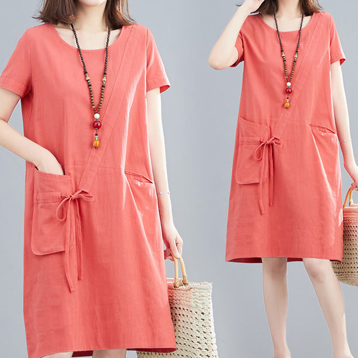 Buddha Stones Sommer-Midikleid aus Baumwolle und Leinen mit Taschen, leger, einfarbig, mit Schnürung, Rundhalsausschnitt, kurzärmlig - image 10