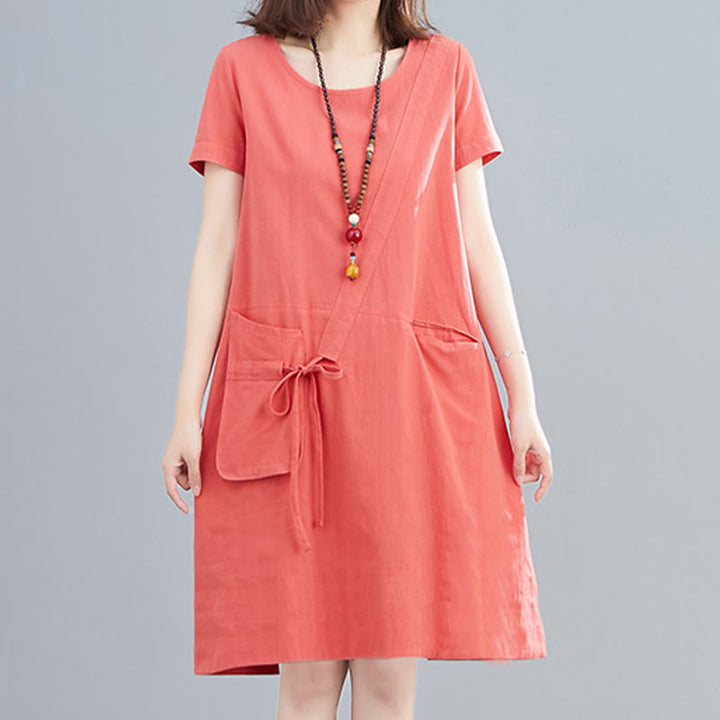 Buddha Stones Sommer-Midikleid aus Baumwolle und Leinen mit Taschen, leger, einfarbig, mit Schnürung, Rundhalsausschnitt, kurzärmlig - image 9